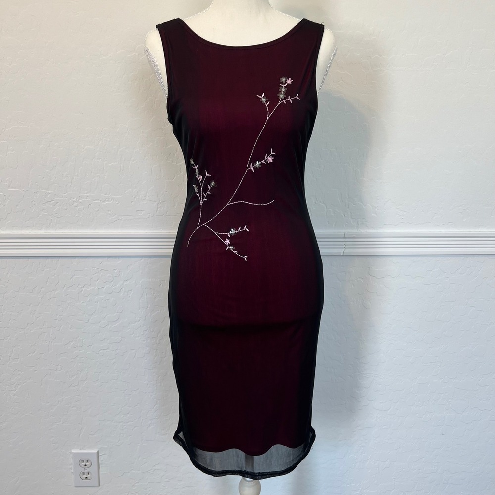 vintage y2k black and pink mesh overlay midi dress with floral embroidery